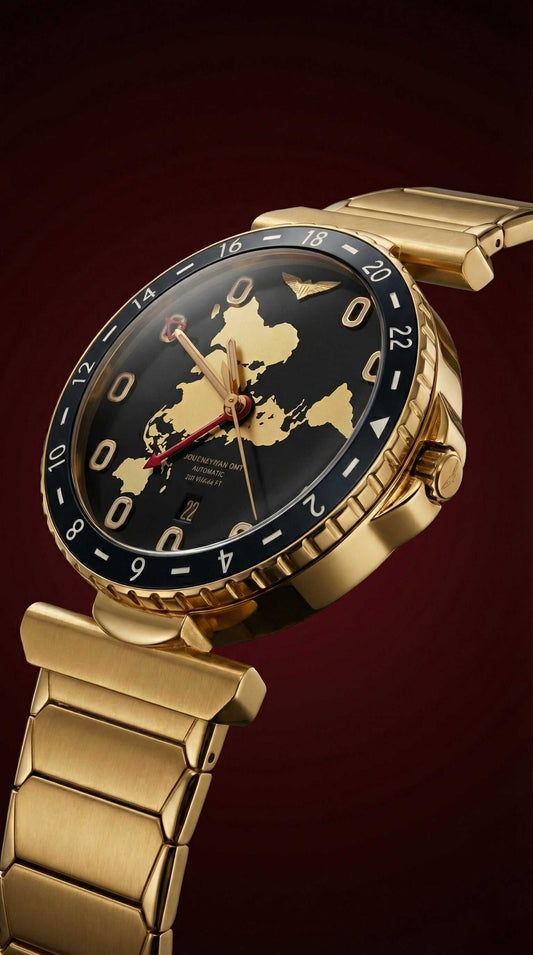 Journeyman GMT watch with world map, red GMT hand, airplane window hour markers, verdure V seconds hand, brushed finish, 43mm automatic GMT NH34