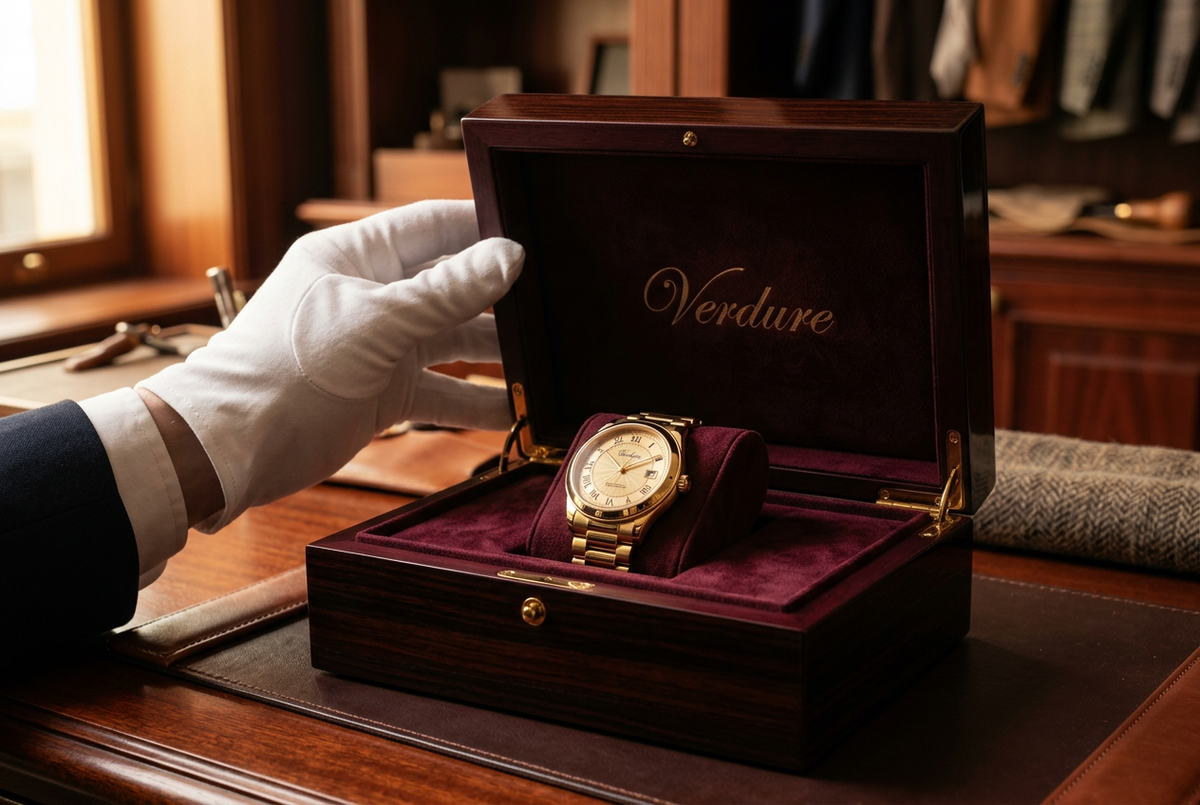 Luxury watch presentation box held in a gloved hand