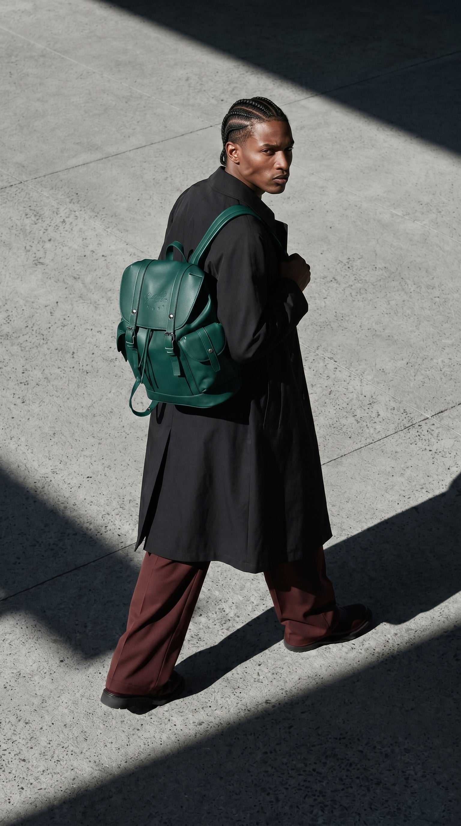 Verdure Essential BackPack made of green genuine cowhide leather with snap button side pockets and drawstring closure