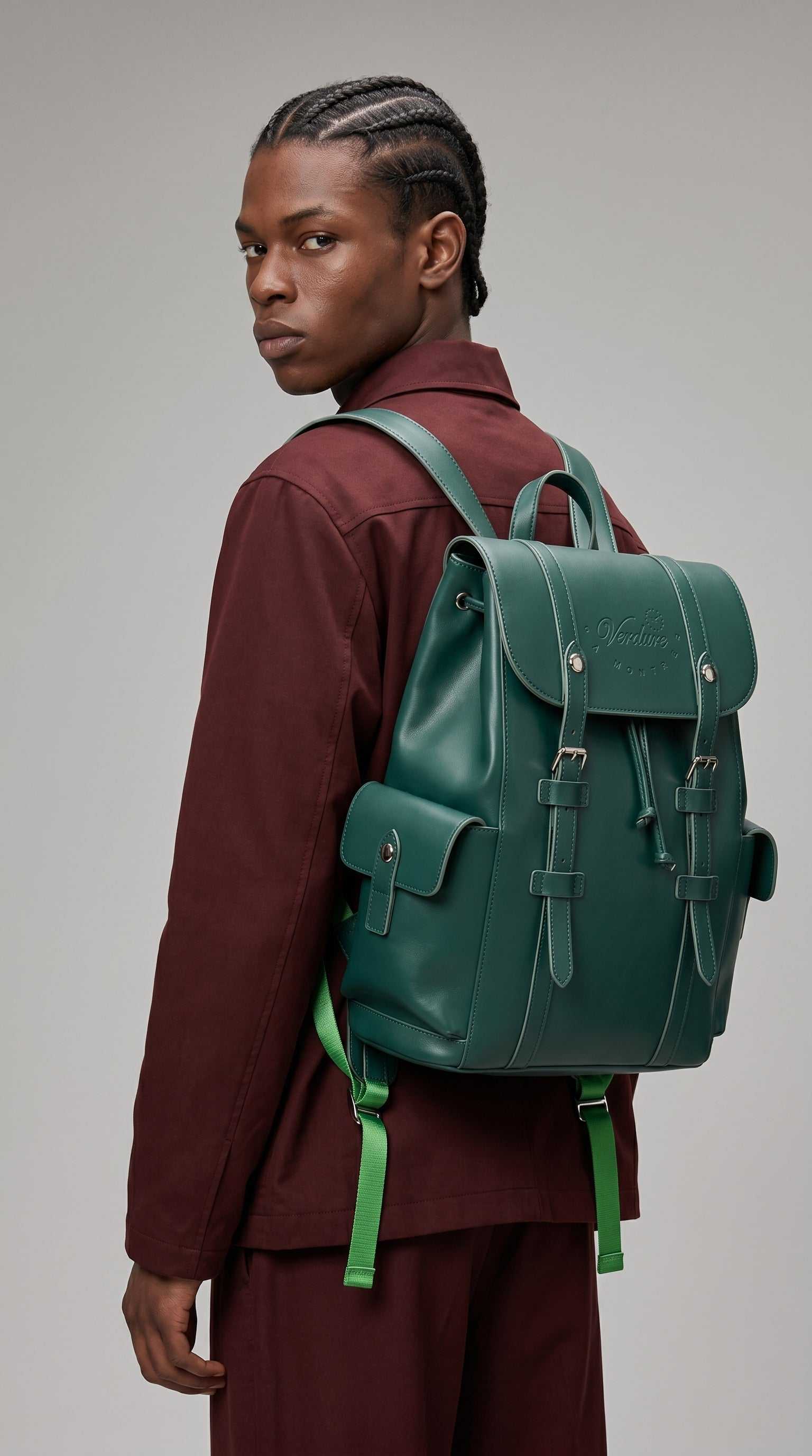 Verdure Essential BackPack in rich green cowhide leather with snap buttons and drawstring closure