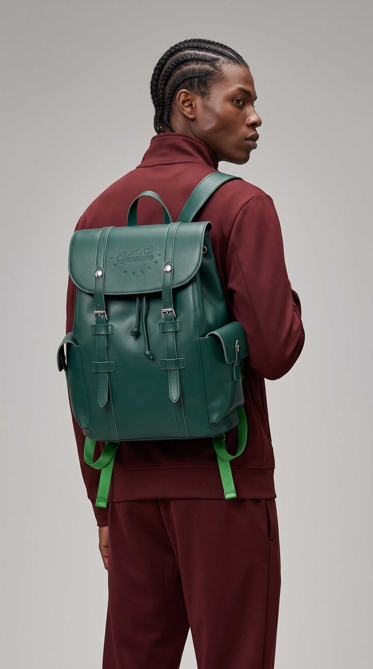 Verdure Essential BackPack - Durable Green Leather Travel Bag for
