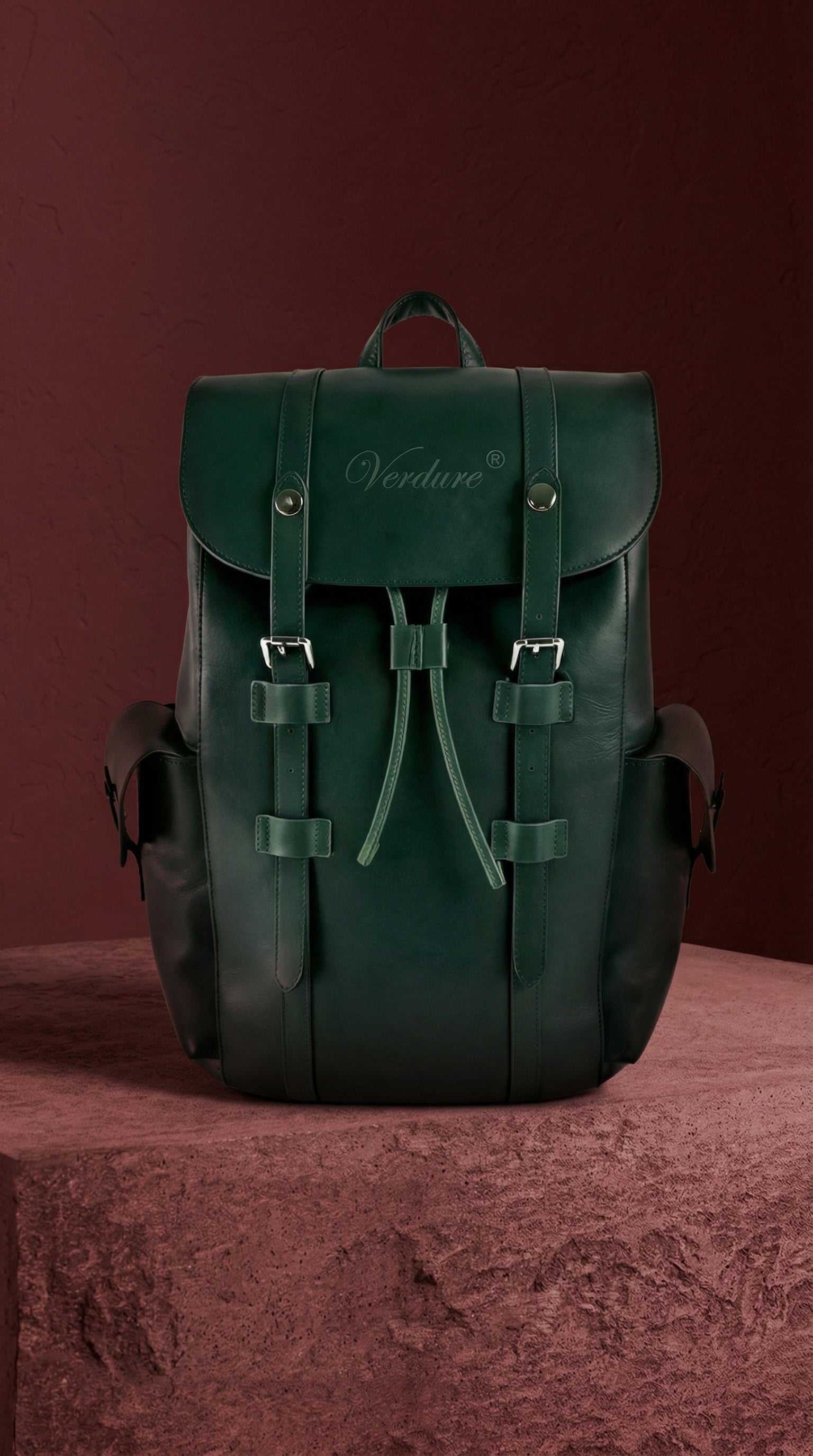Verdure Essential BackPack - Durable Green Leather Travel Bag for